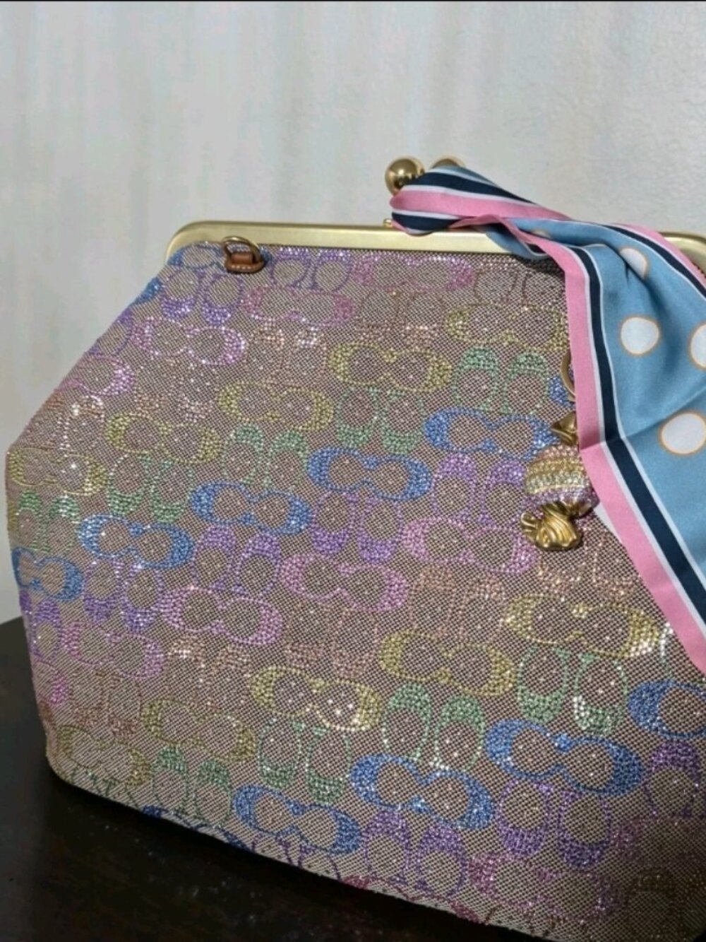 Coach Large Kisslock Frame Bag Rainbow Crystal Signature Jacquard